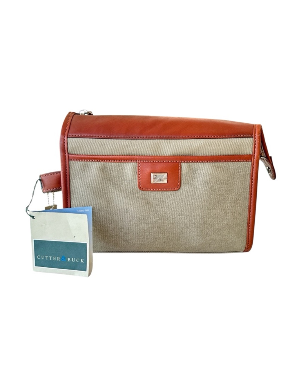 Cutter & Buck NWT Travel Toiletry Kit Bag Khaki Fabric Top Grain Leather Trim